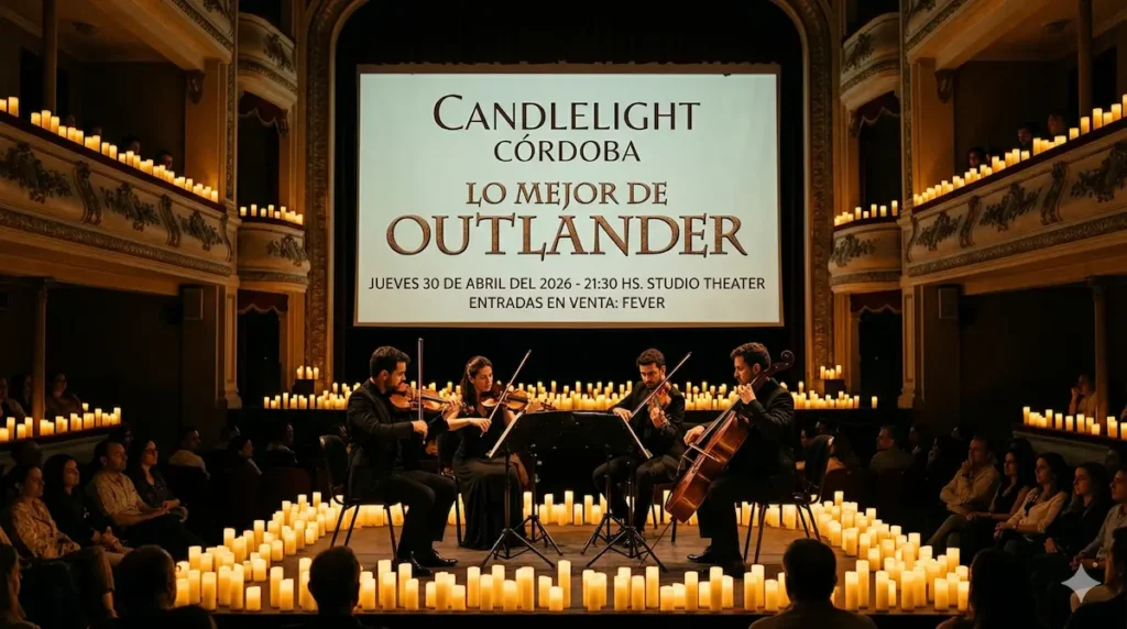 Cuarteto de cuerdas tocando música de Outlander a la luz de las velas Candlelight Córdoba, Studio Theater.en