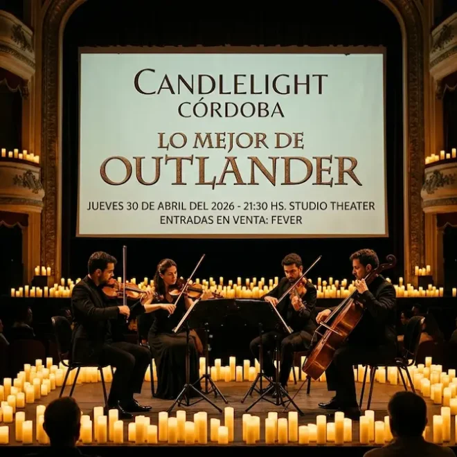 Cuarteto de cuerdas tocando música de Outlander a la luz de las velas Candlelight Córdoba, Studio Theater.en