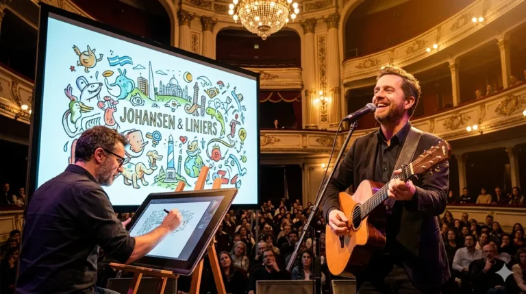 Kevin Johansen cantando y Liniers dibujando en vivo sobre el escenario del Teatro del Libertador en Córdoba
