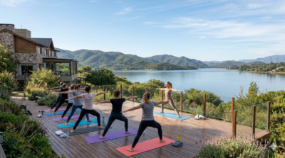 Clase de yoga de Ruth Prado en el Hotel Amérian de Villa del Dique frente al lago durante el Mes del Bienestar