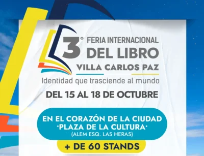 stands de editoriales y familias recorriendo la feria del libro de villa carlos paz