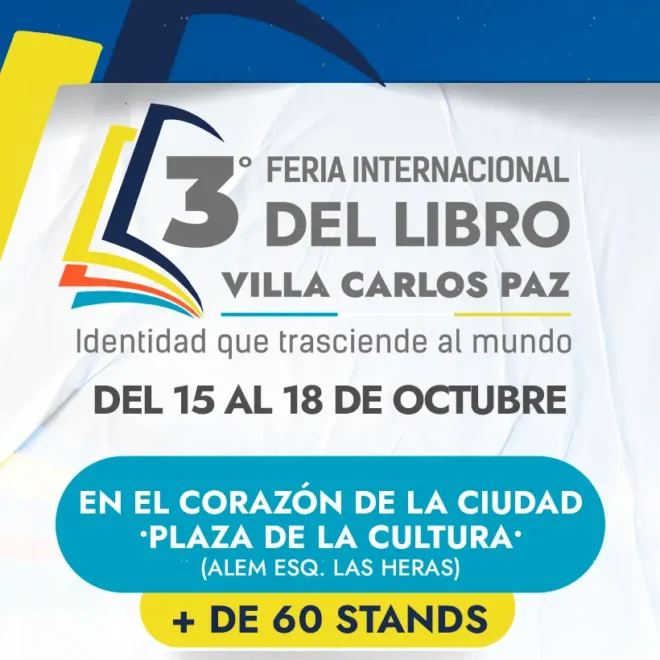 stands de editoriales y familias recorriendo la feria del libro de villa carlos paz